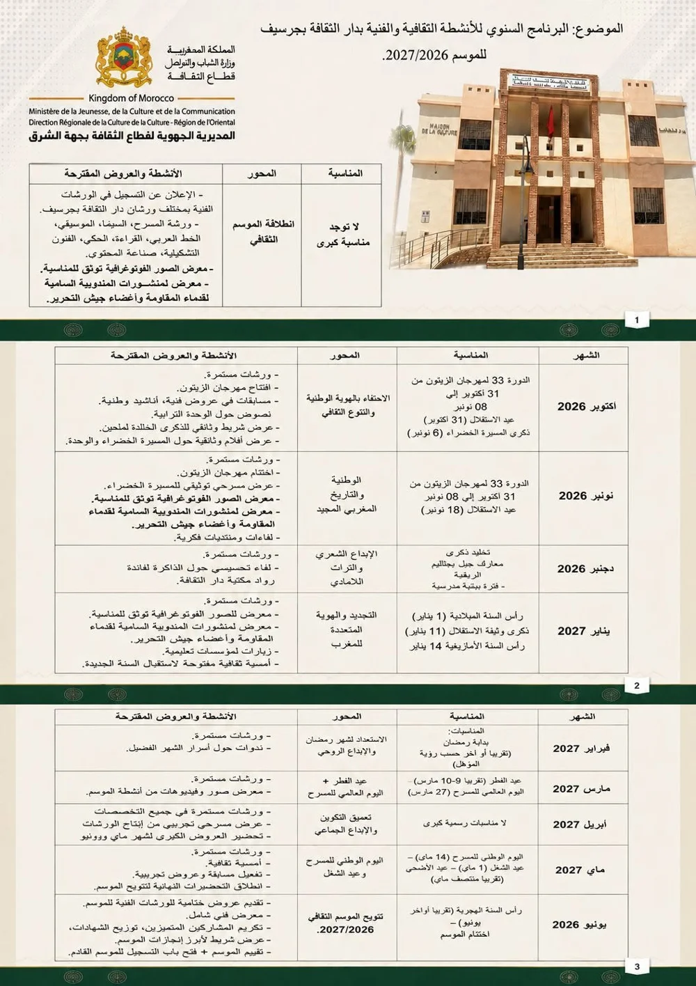 Programme annuel des activités culturelles et artistiques à la Maison de la Culture de Driouch pour la saison culturelle 2026/2027